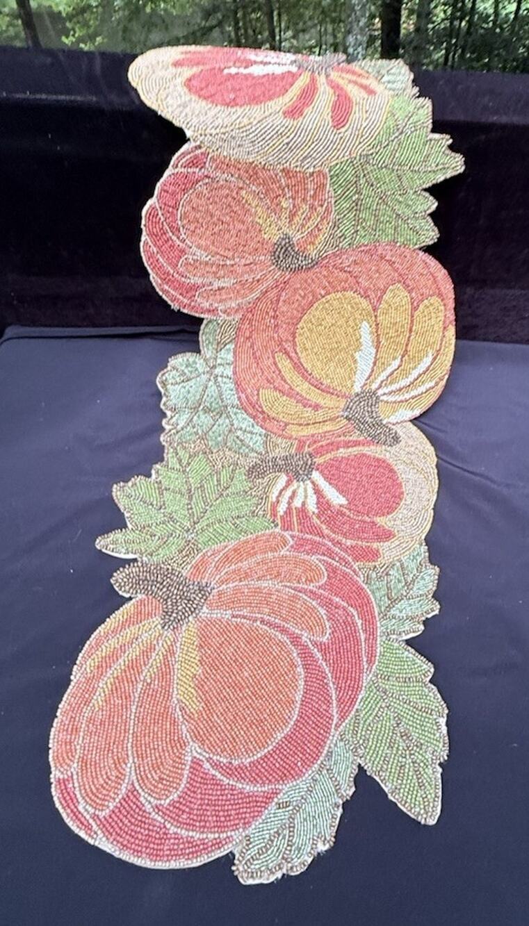 Pier 1 One VTG Pumpkin Beaded 36”x13”x.25” Table Runner Thanksgiving Fall